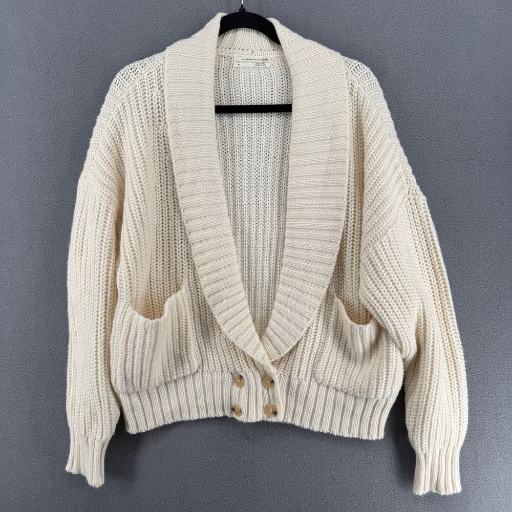 Anthropologie Wool‎ Blend Deep V Drop Shoulder Cardigan Sweater M Cream Pockets